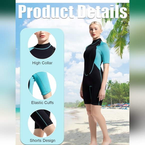 Shorty Neoprene Wetsuit with Front Zipper 3mm, 2mm Shorty Sleeves - Picture 3 of 10